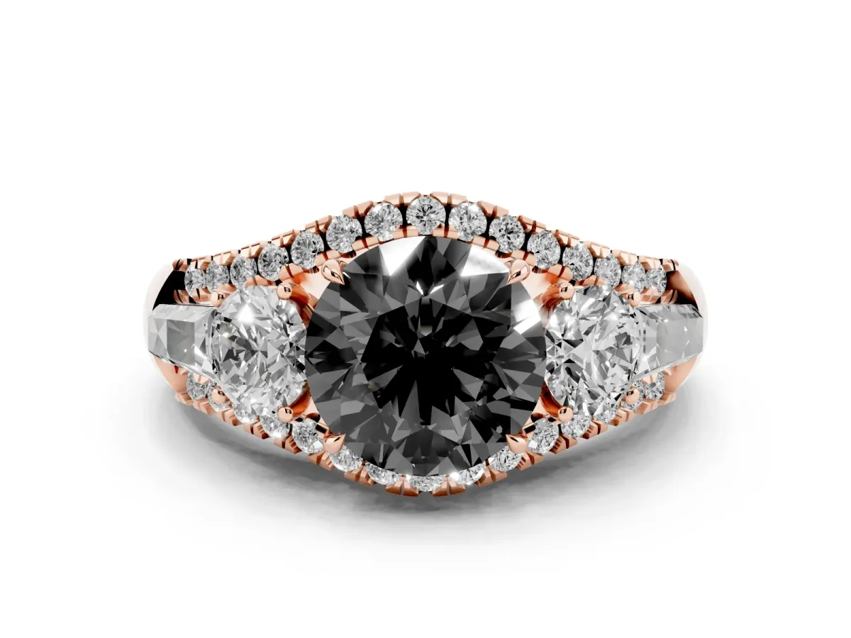 Fancy Black Three-Stone Round Cut Diamond Engagement Ring with Pave Band and Prong Setting Rose gold