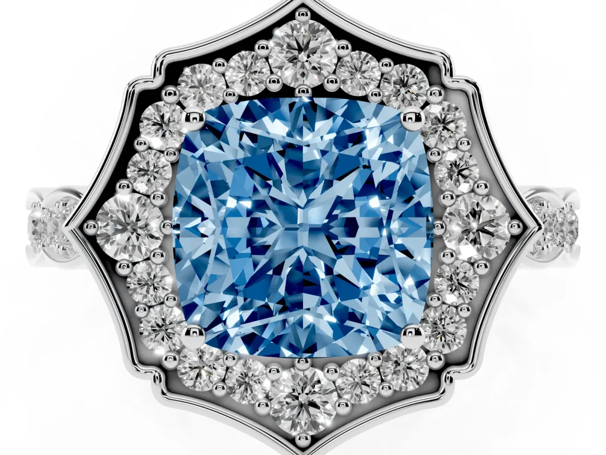 Fancy Blue Cushion Cut Halo Diamond Engagement Ring with Milgrain Band and Four-Prong Setting Platinum