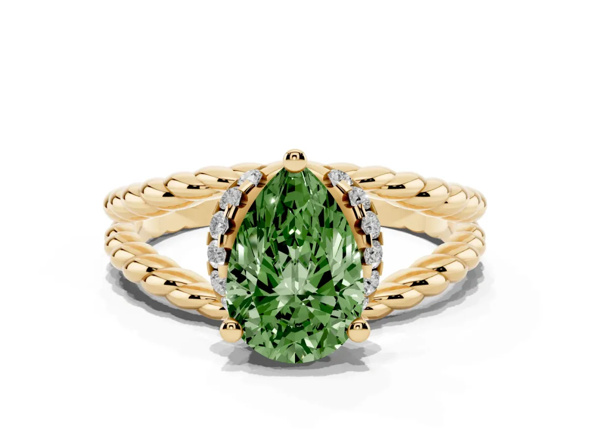 Fancy Green Pear Cut Halo Twisted Band Four-Prong Ring Yellow gold