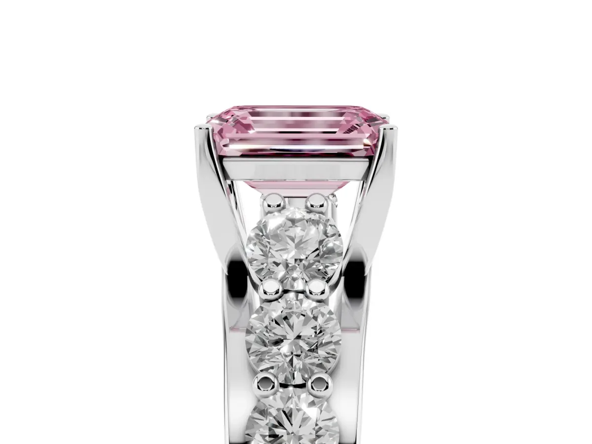 Fancy Pink Emerald Cut Diamond Engagement Ring with Pavé Band and Four-Prong Setting Silver