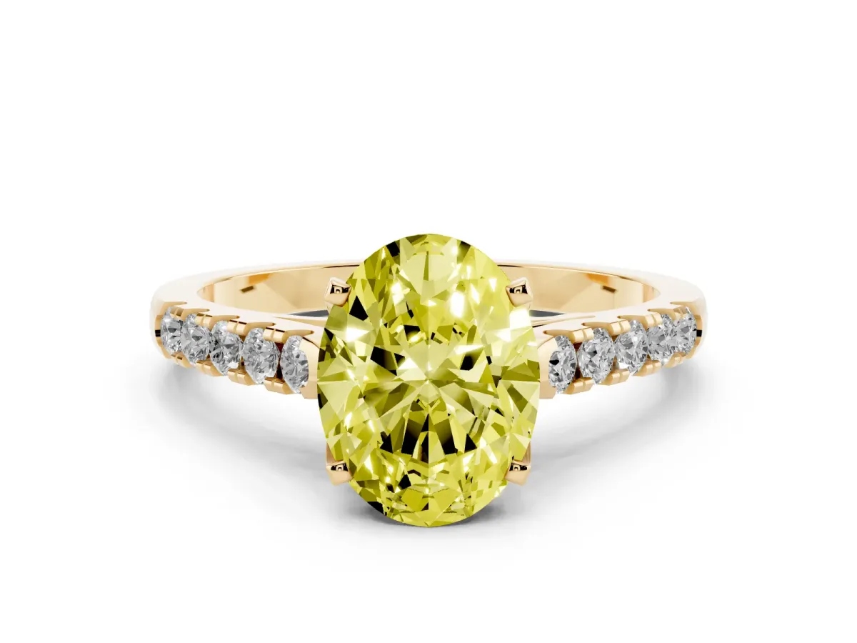 Fancy Yellow Oval Cut Diamond Pavé Band Solitaire Ring with Prong Setting Yellow gold