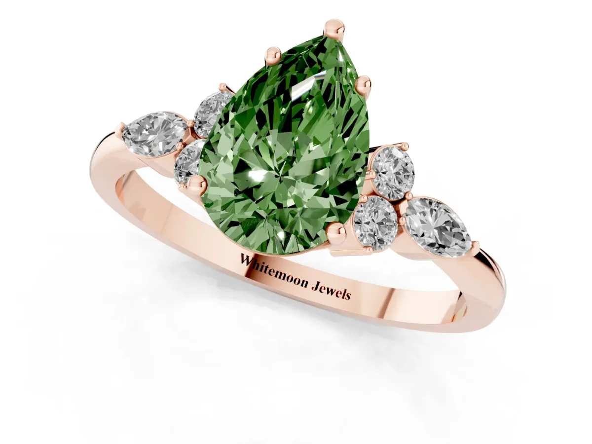 Fancy Green Pear Cut Brilliant Diamond Solitaire Ring with Pear Side Stones and Four-Prong Setting Rose gold