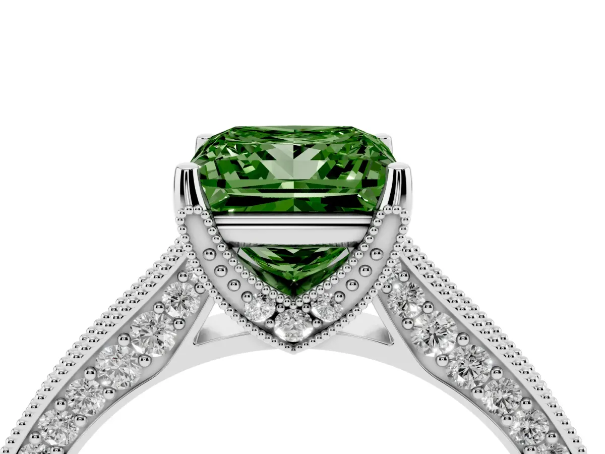 Fancy Green Princess Cut Cut Diamond Solitaire Ring with Milgrain Pave Band and Four Prong Setting Silver