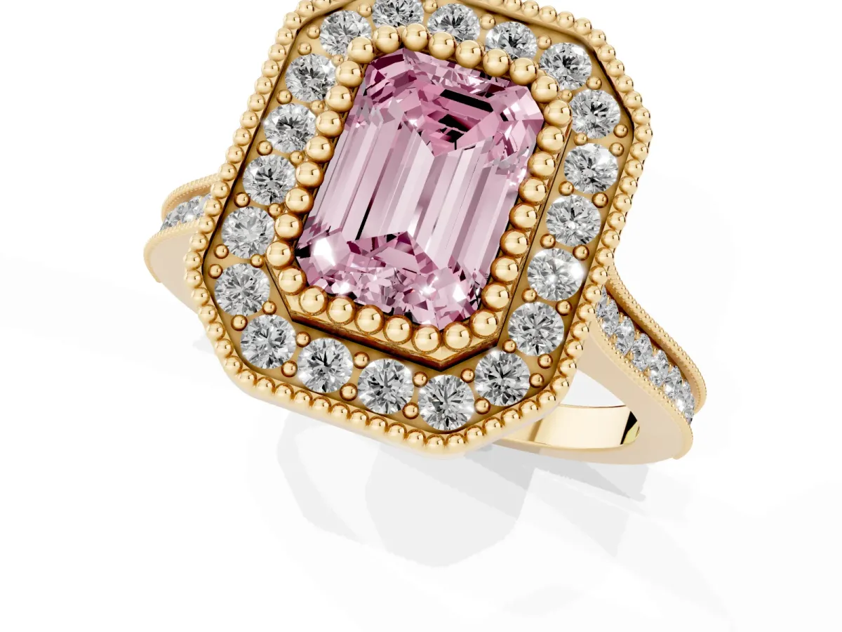 Fancy Pink Emerald Cut Diamond Halo Ring with Milgrain Frame and Pavé Band Yellow gold