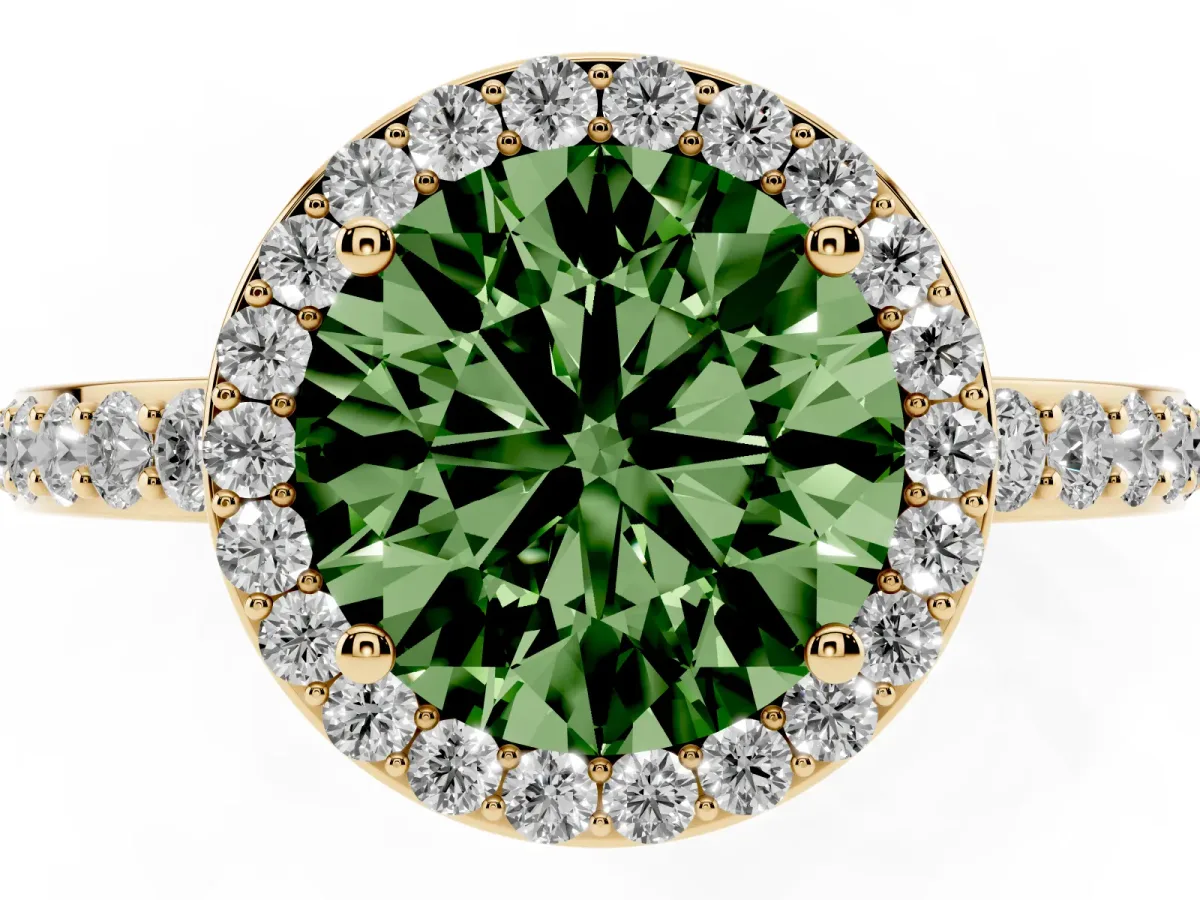 Fancy Green Round Cut Halo Diamond Pavé Band Ring with Prong Setting Yellow gold