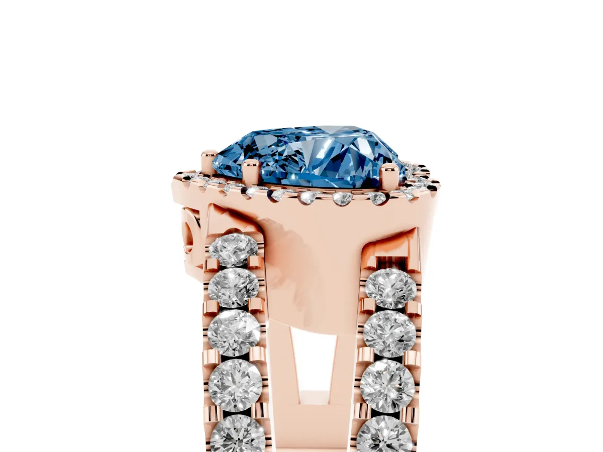 Fancy Blue Heart Cut Cut Halo Split Shank Diamond Ring with Four-Prong Setting Rose gold