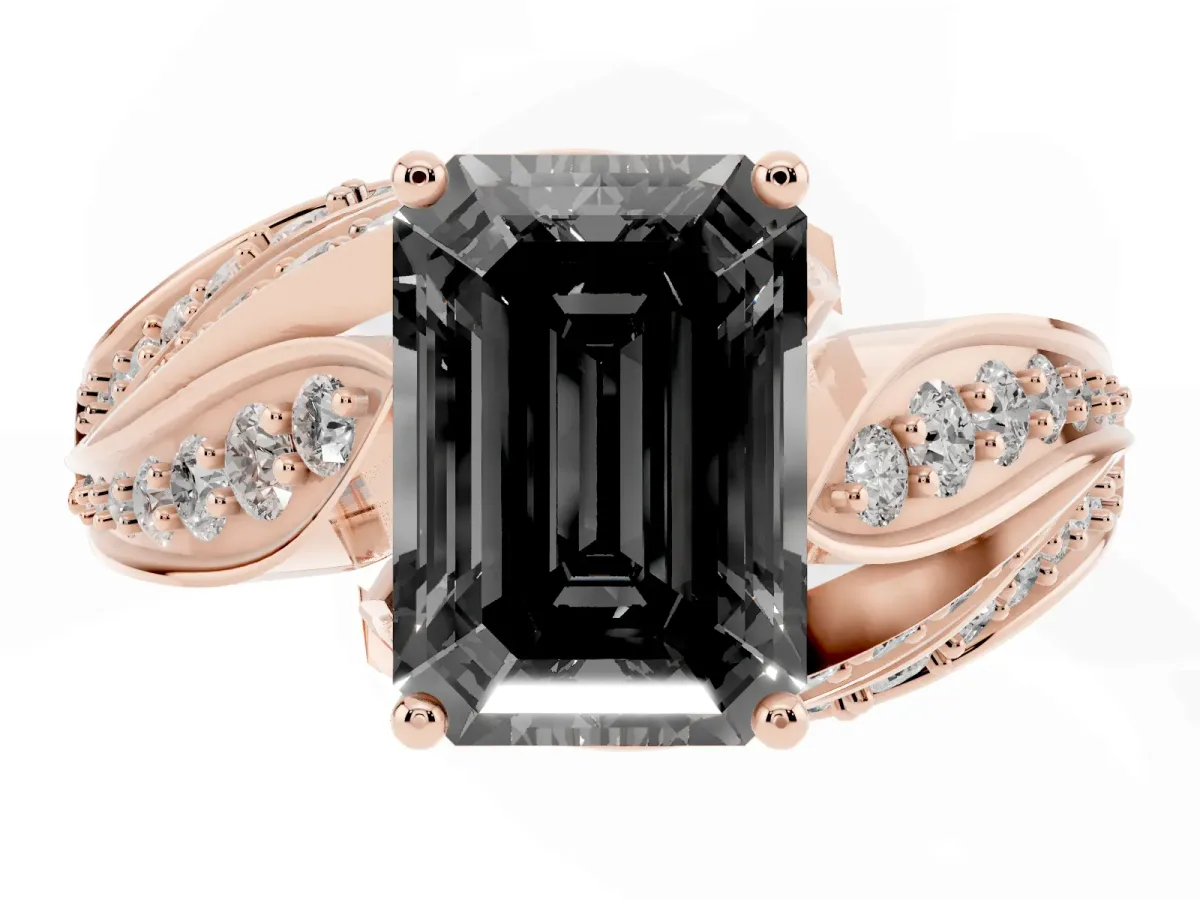 Fancy Black Emerald Cut Diamond Solitaire Ring with Prong Setting and Twisted Pavé Band Rose gold