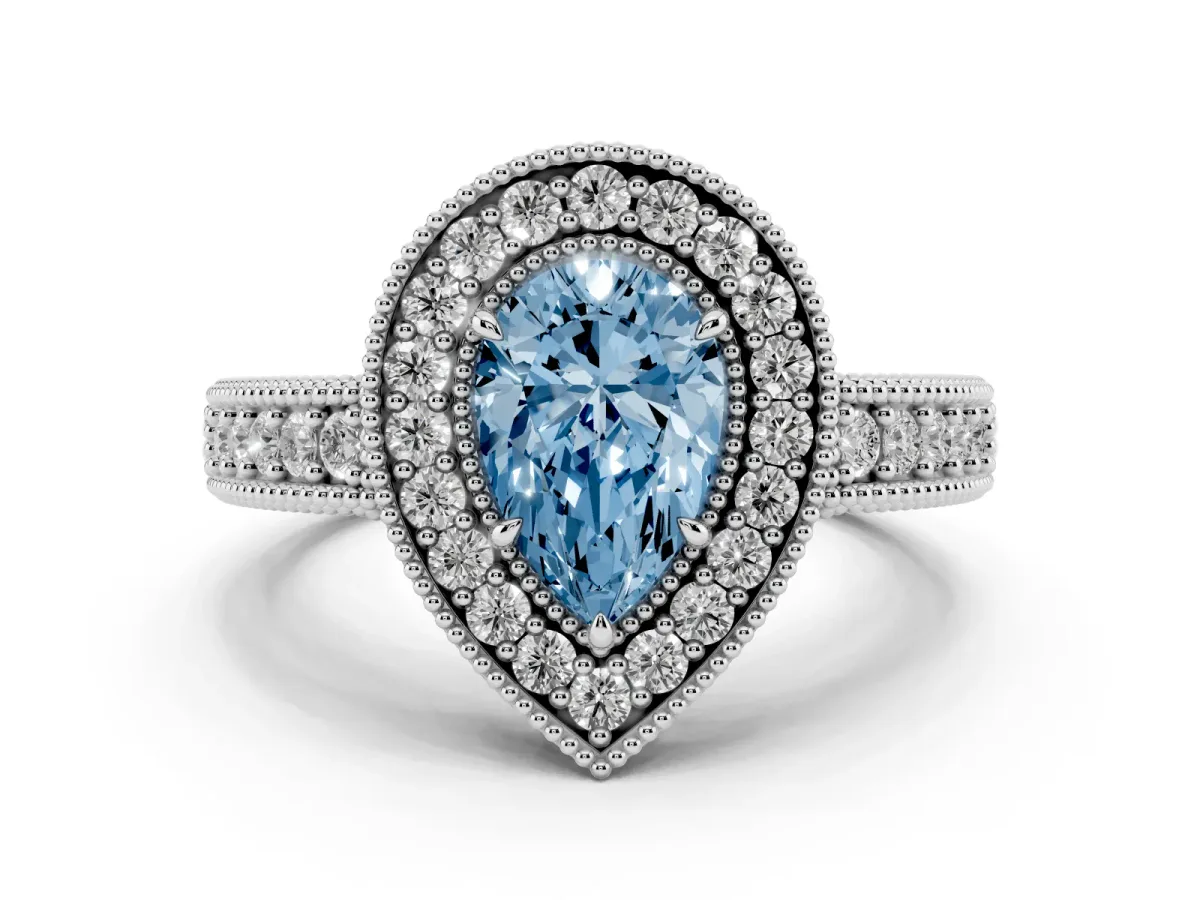 Fancy Blue Pear Cut Cut Halo Diamond Ring with Pavé Band and Four-Prong Setting Platinum