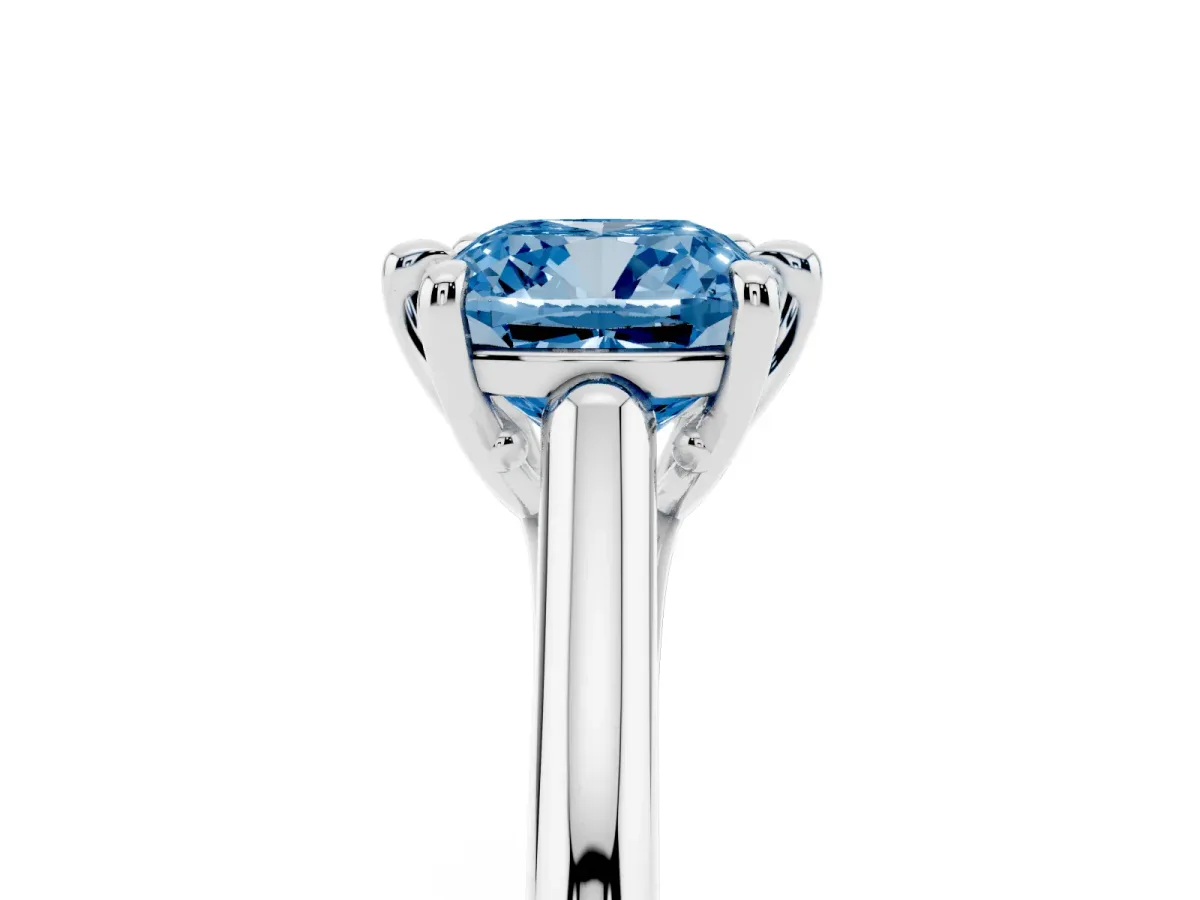 Fancy Blue Cushion Cut Solitaire Engagement Ring with Six-Prong Setting and Classic Band Platinum