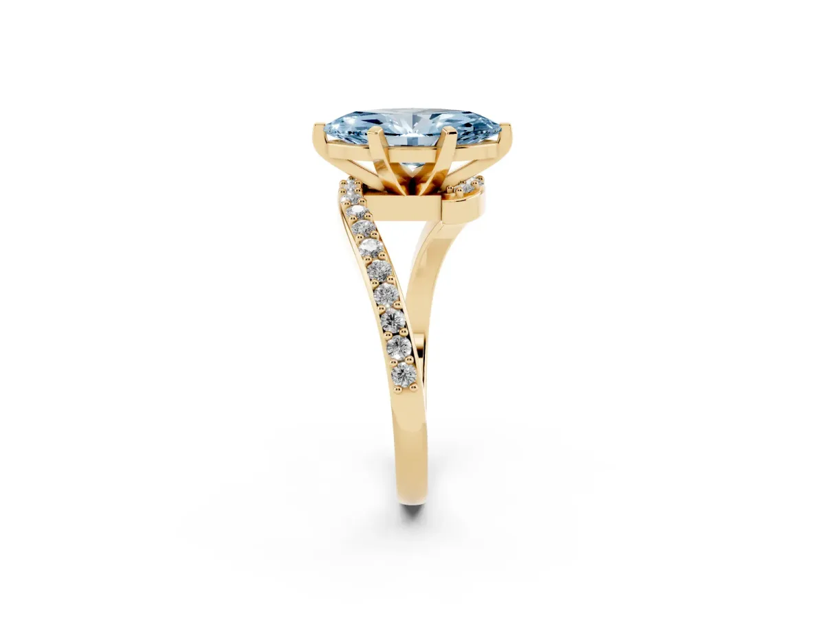Fancy Blue Marquise Cut Solitaire Twist Band with Pave Set Diamonds and Four-Prong Setting Yellow gold