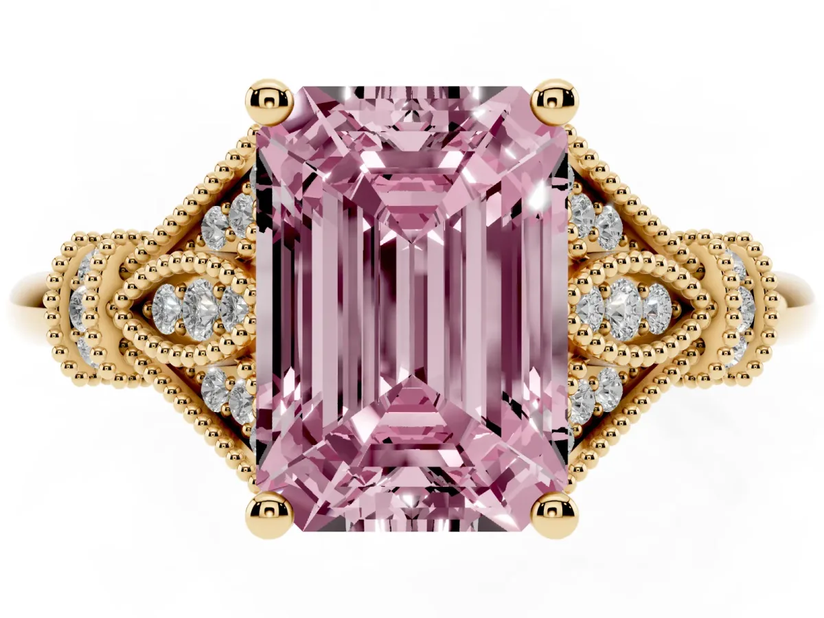 Fancy Pink Emerald Cut Diamond Solitaire Ring with Floral Filigree and Pave Accents Yellow gold