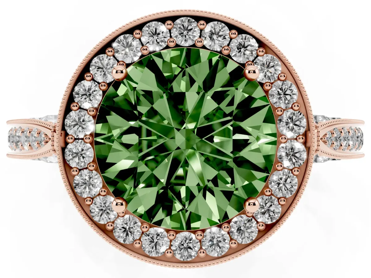 Fancy Green Round Cut Halo Diamond Engagement Ring with Split Shank Band and Four-Prong Setting Rose gold