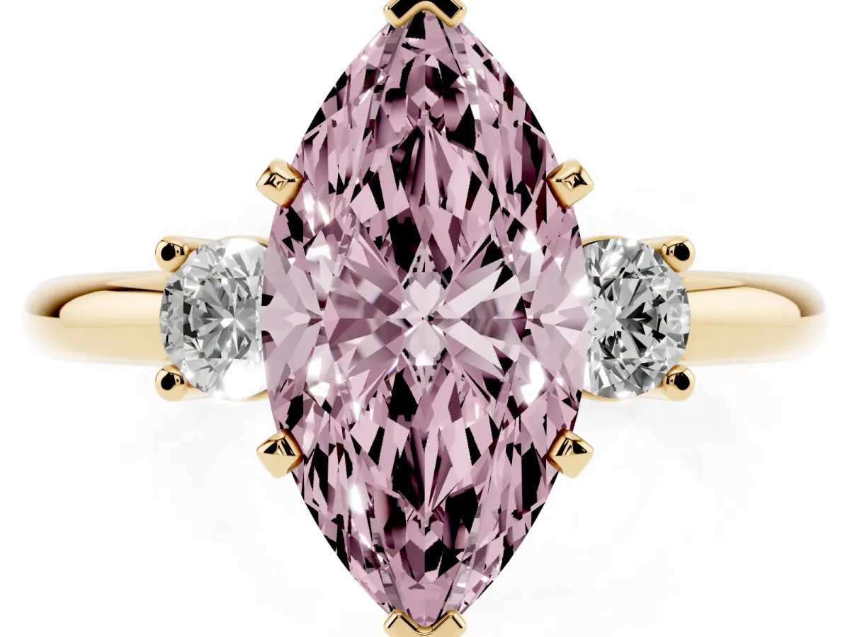 Fancy Pink Three-Stone Marquise Cut Cut Diamond Solitaire with Prong Setting and Classic Band Yellow gold