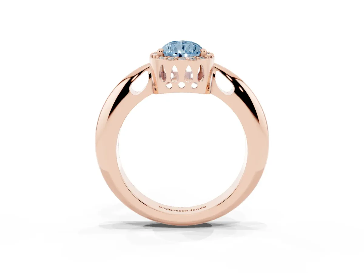 Fancy Blue Pear Cut Cut Diamond Halo Engagement Ring with Split Shank and Four-Prong Setting Rose gold