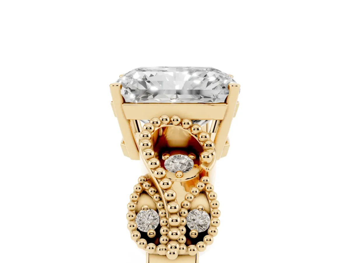 Radiant Cut Solitaire Milgrain Leaf Band with Prong Setting Yellow gold