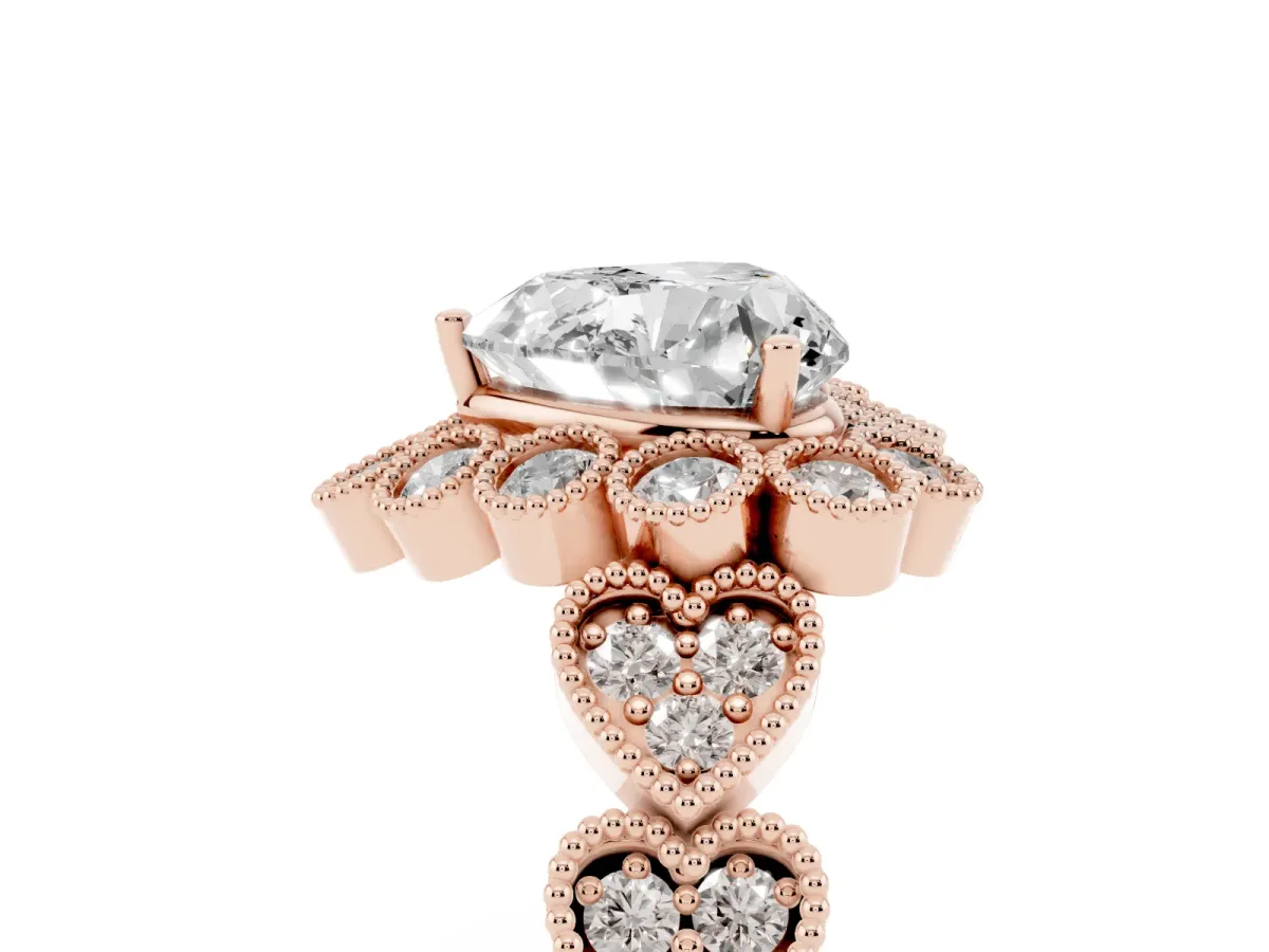 Heart Cut Brilliant Milgrain Pave Heart Band Solitaire Ring Rose gold