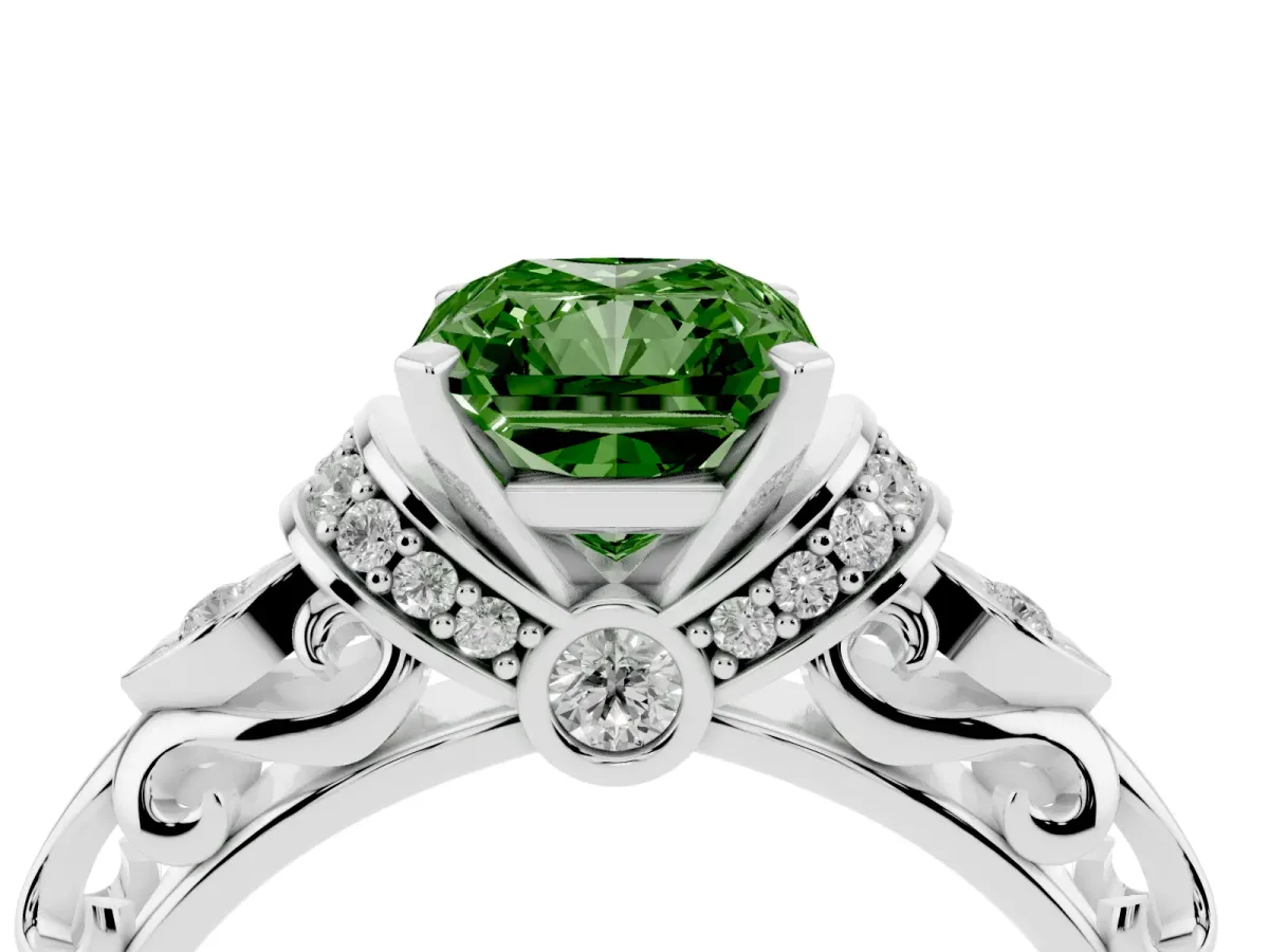 Fancy Green Radiant Cut Diamond Solitaire Ring with Filigree Band and Four-Prong Setting Silver
