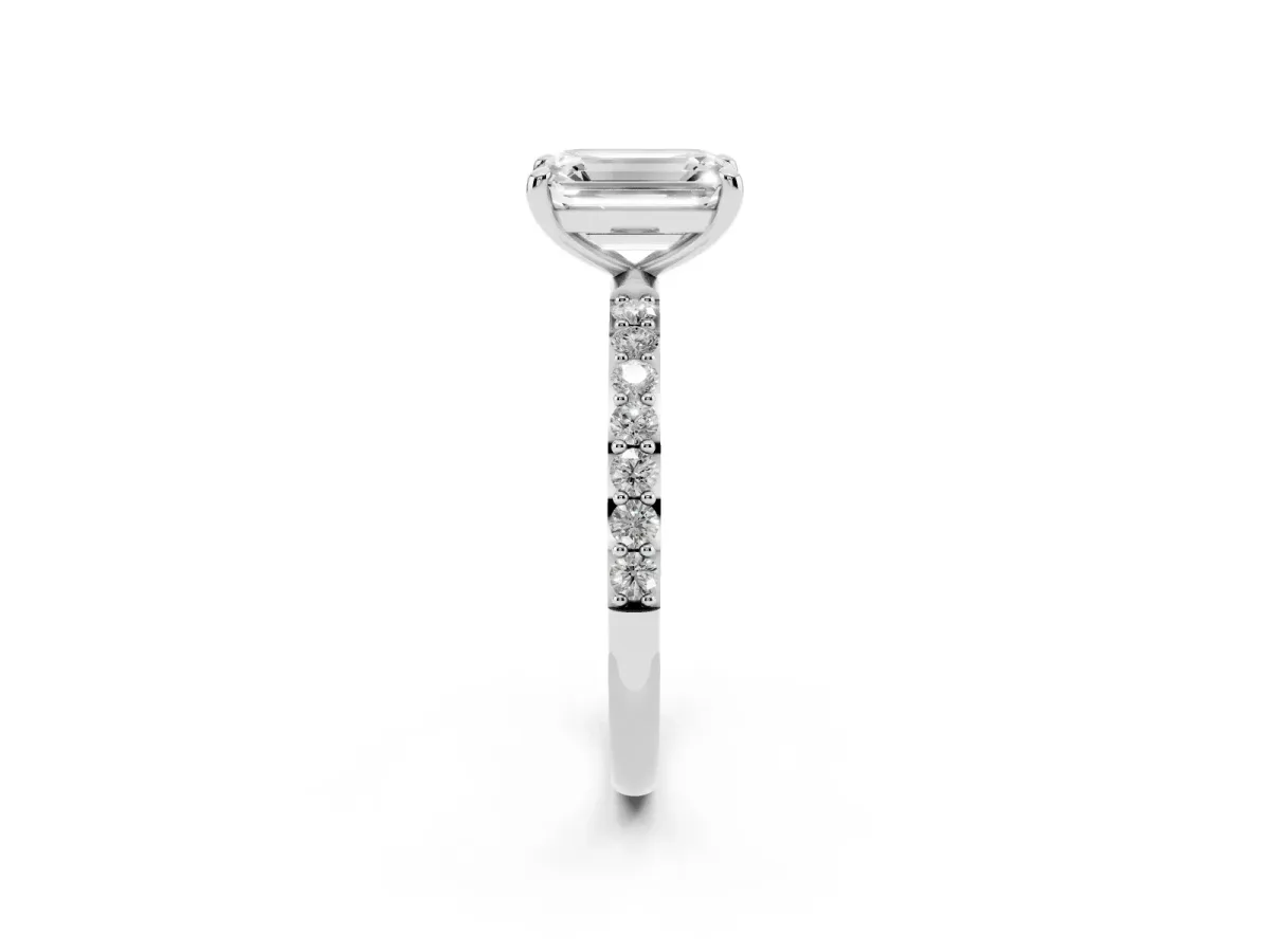 Emerald Cut Diamond Solitaire Ring with Round Pavé Band and Prong Setting Platinum