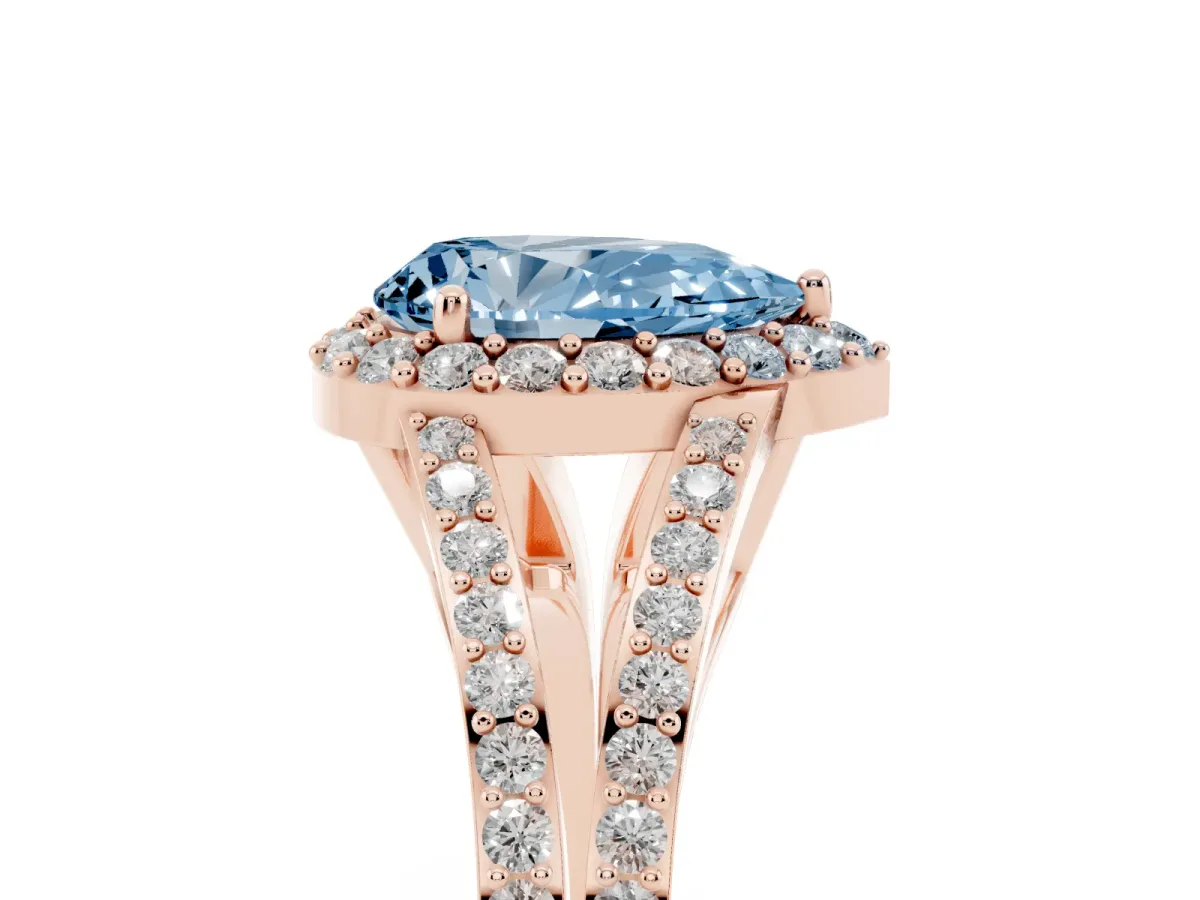 Fancy Blue Pear Cut Halo Split Shank Pave Diamond Ring with Four-Prong Setting Rose gold