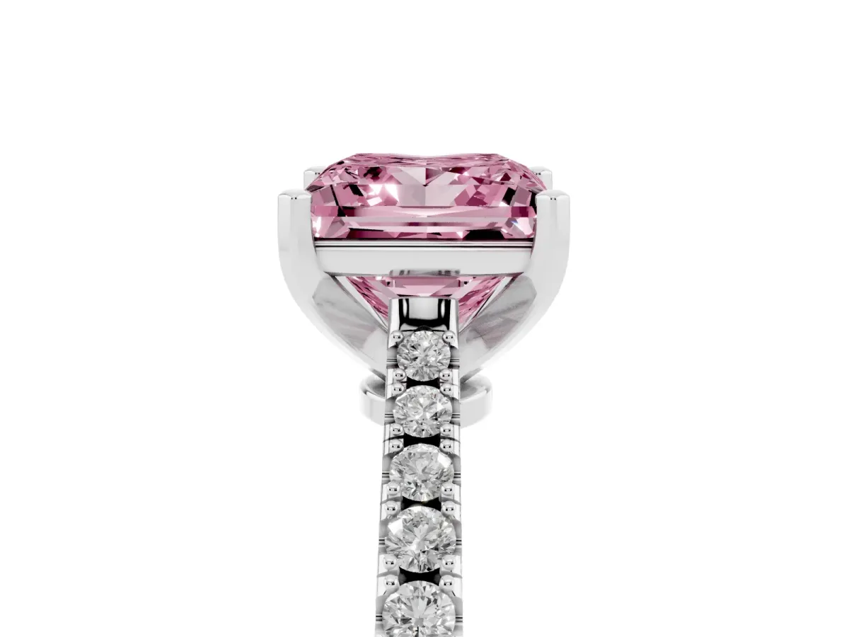 Fancy Pink Princess Cut Cut Solitaire Diamond Engagement Ring with Pave Band and Four-Prong Setting White gold