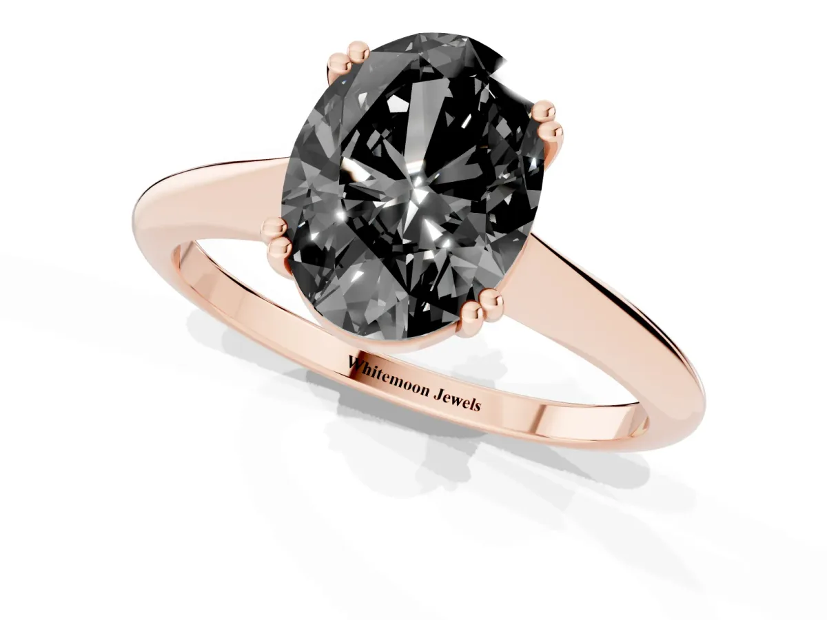 Fancy Black Oval Cut Solitaire Diamond Ring with Six-Prong Setting and Classic Band Rose gold