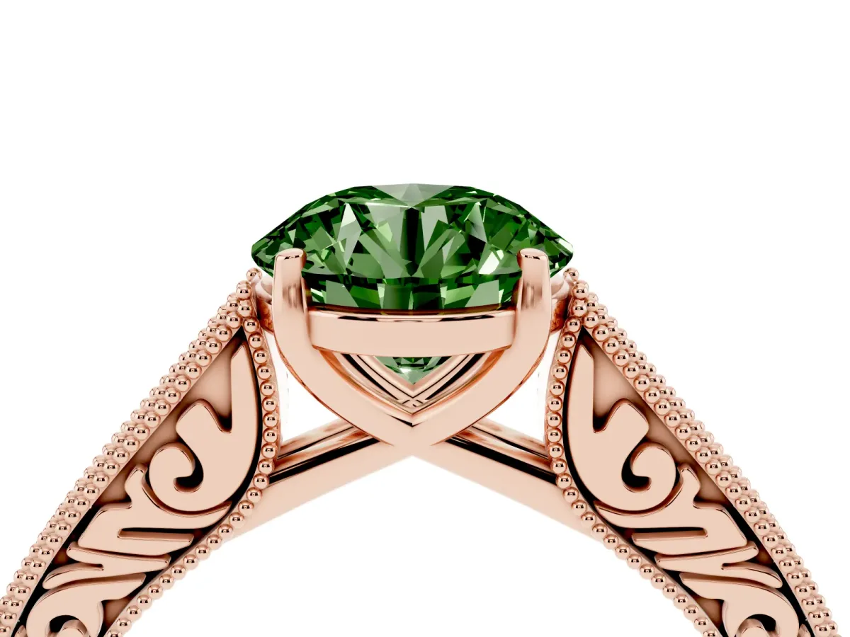 Fancy Green Round Cut Cut Pave Band Milgrain Solitaire Ring Rose gold