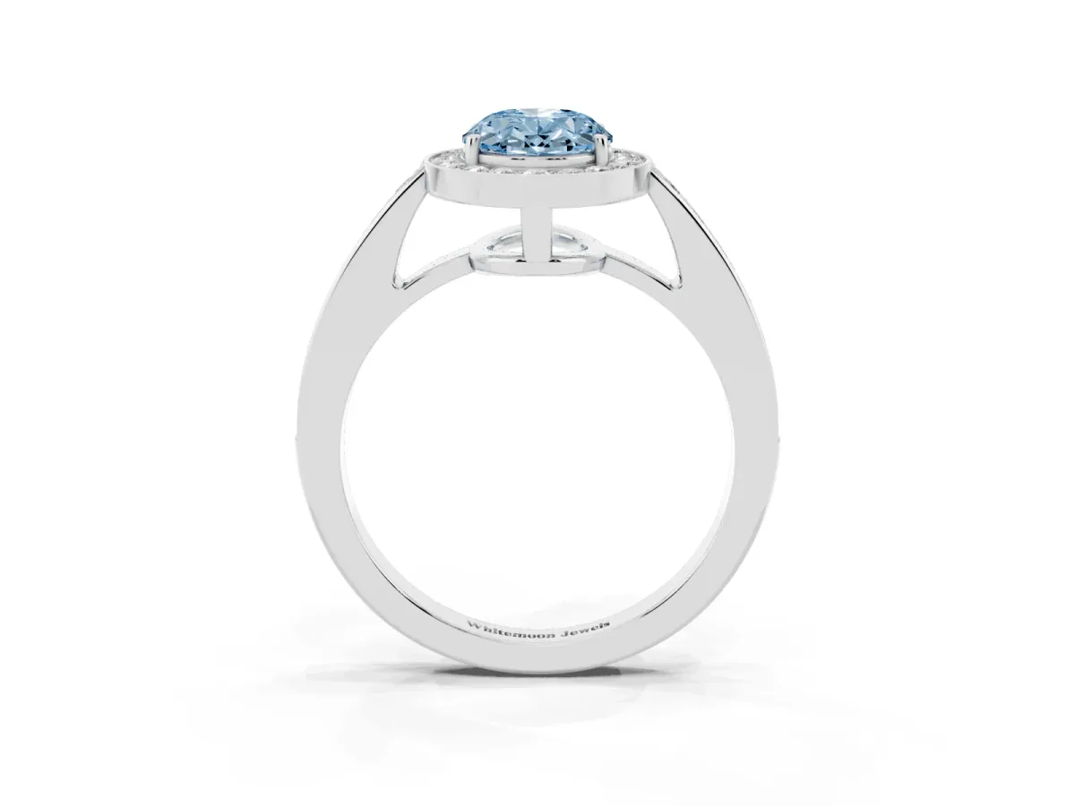 Fancy Blue Oval Cut Halo Pavé Diamond Engagement Ring with Bezel Setting Silver