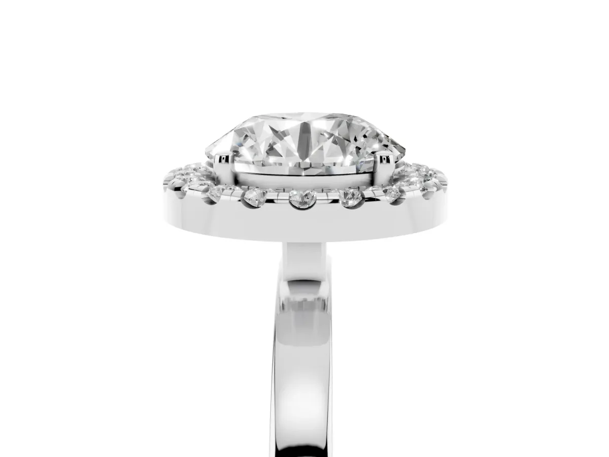 Round Cut Halo Diamond Solitaire with Pavé Band and Four-Prong Setting Silver