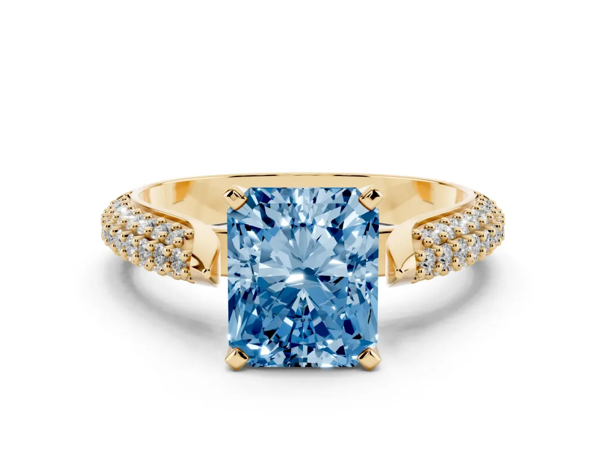 Fancy Blue Radiant Cut Diamond Solitaire Engagement Ring with Multi-Row Round Pavé Band and Prong Setting Yellow gold