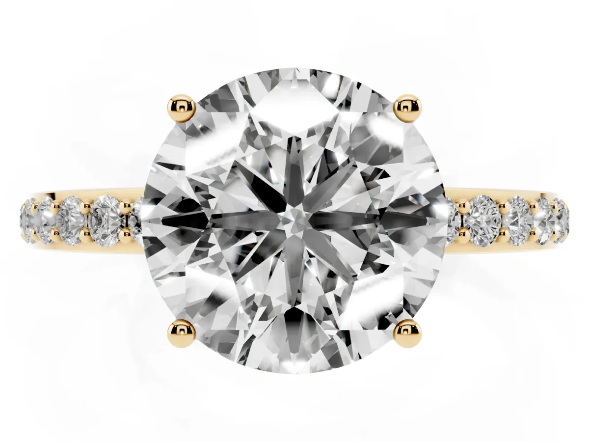 Round Cut Diamond Solitaire Ring with Pavé Band and Hidden Halo Yellow gold