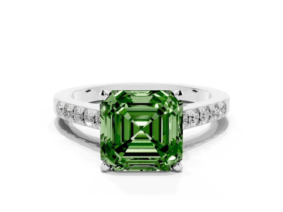 Fancy Green Asscher Cut Diamond Solitaire Ring with Crossover Gallery and Round Pavé Band White gold