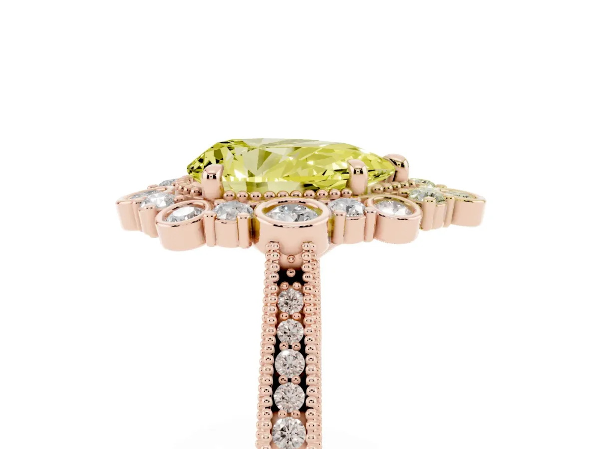 Fancy Yellow Pear Cut Halo Milgrain Pave Diamond Ring with Four-Prong Setting Rose gold