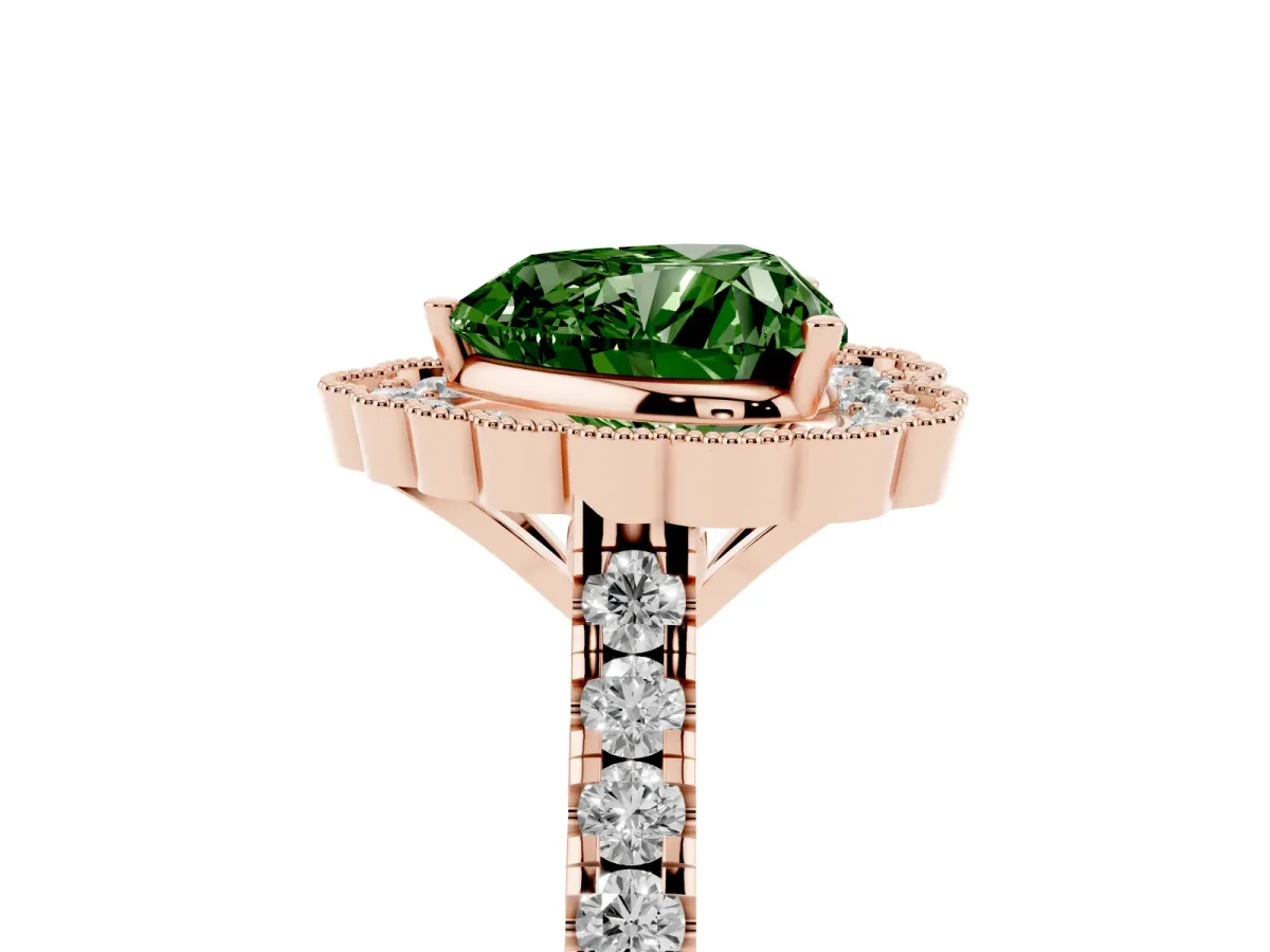 Fancy Green Heart Cut Cut Diamond Milgrain Floral Halo Engagement Ring with Pavé Band Rose gold