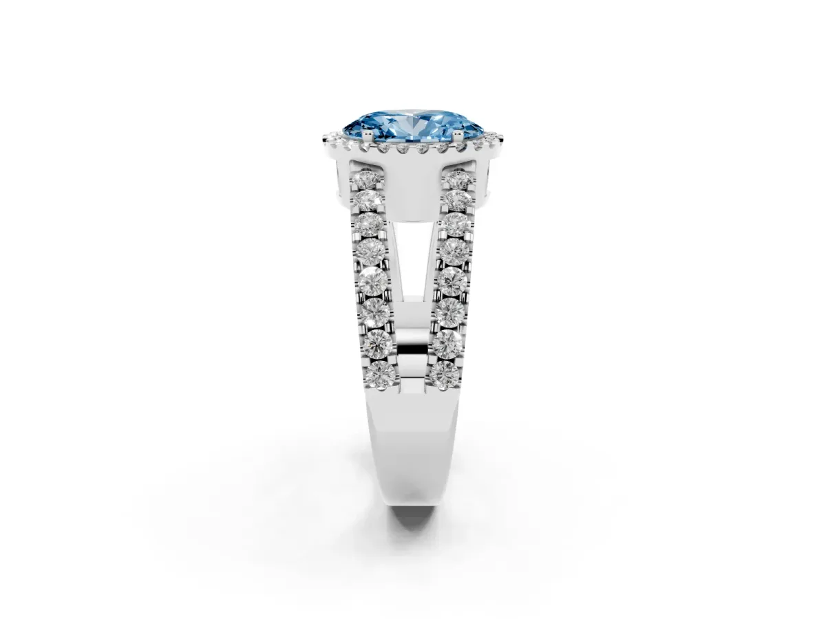 Fancy Blue Oval Cut Cut Halo Split Shank Diamond Ring with Four-Prong Setting Silver
