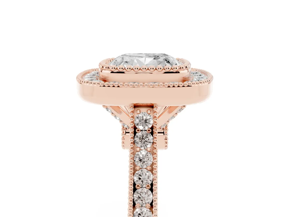 Cushion Cut Diamond Halo Ring with Milgrain Frame and Pavé Band Rose gold