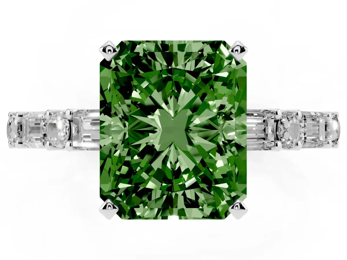 Fancy Green Radiant Cut Diamond Solitaire with Side Baguettes and Channel Set Band Silver