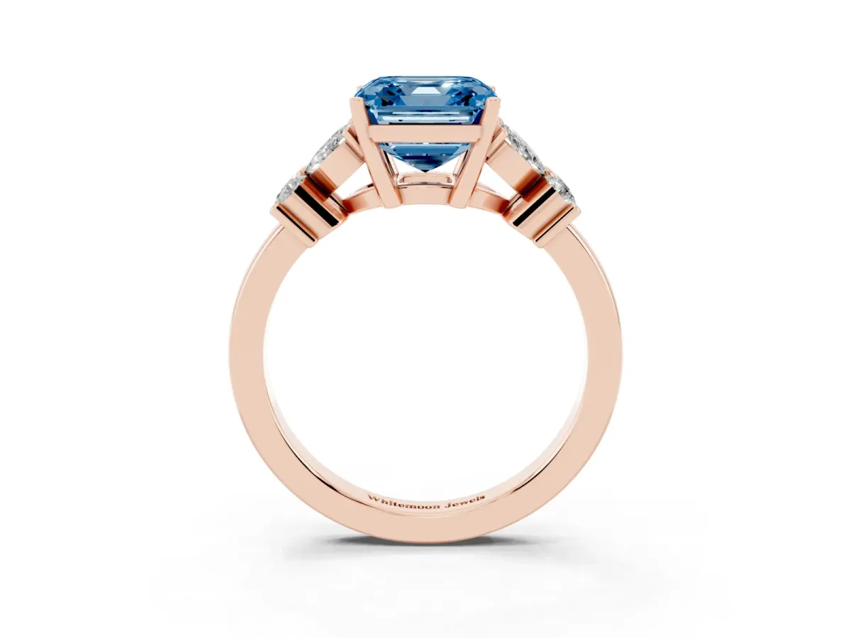 Fancy Blue Asscher Cut Diamond Floral Cluster Ring with Solitaire Band and Prong Setting Rose gold