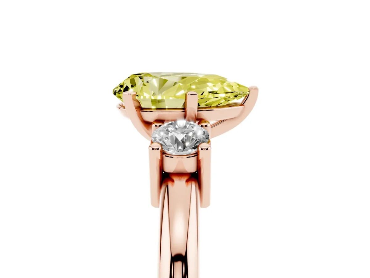 Fancy Yellow Three-Stone Pear Cut Cut Diamond Solitaire with Prong Setting and Classic Band Rose gold