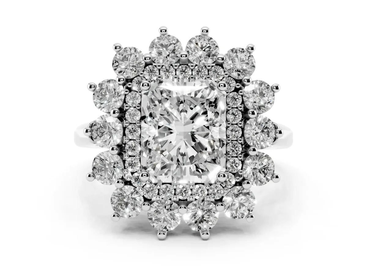 Radiant Cut Diamond Floral Double Halo Engagement Ring with Prong Setting White gold