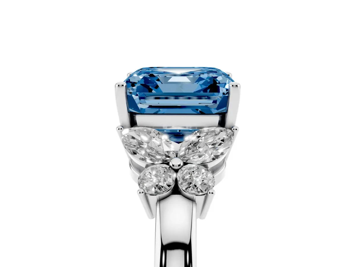 Fancy Blue Asscher Cut Cut Solitaire Floral Diamond Ring with Four-Prong Setting Silver