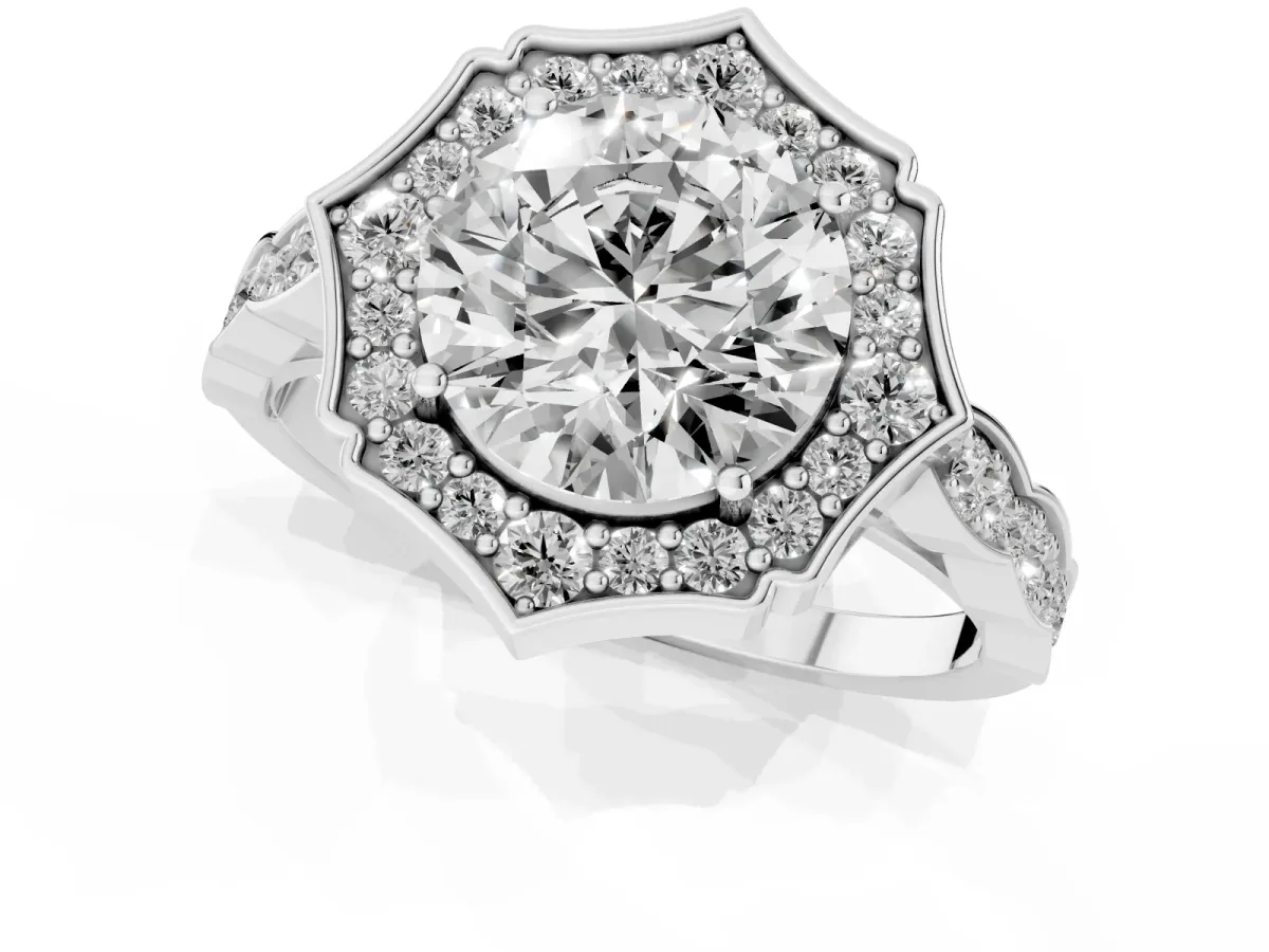 Round Cut Halo Diamond Engagement Ring with Milgrain Band and Four-Prong Setting White gold