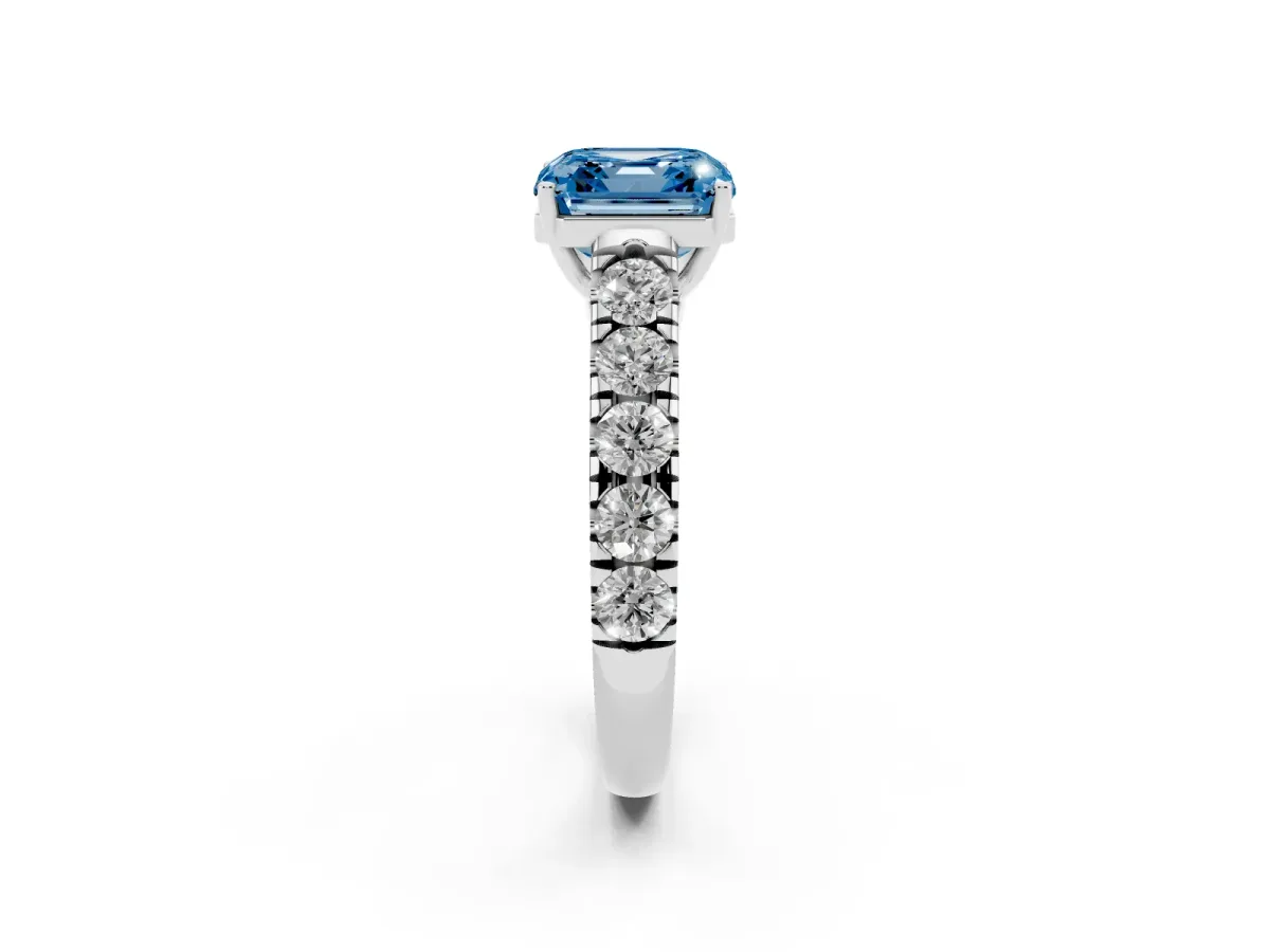 Fancy Blue Asscher Cut Cut Diamond Solitaire Ring with Micro Pave Band and Prong Setting Silver