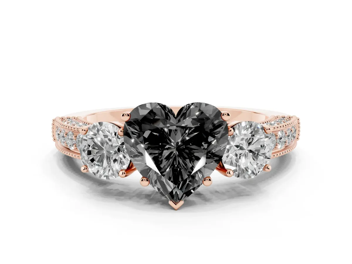 Fancy Black Heart Cut Three-Stone Diamond Ring with Pavé Band and Four-Prong Setting Rose gold