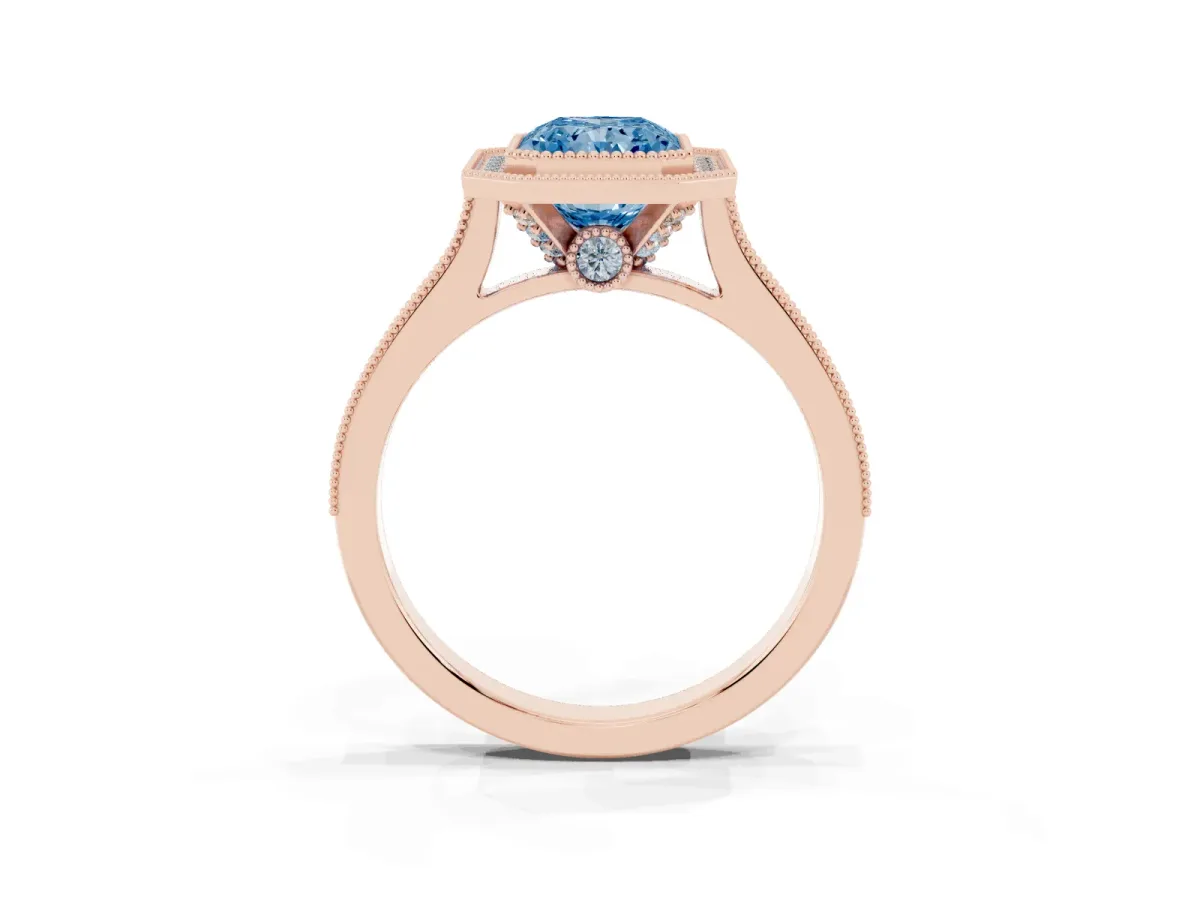Fancy Blue Halo Radiant Cut-Cut Diamond Pave Band Milgrain Prong Setting Ring Rose gold