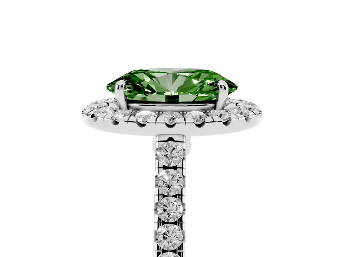 Fancy Green Oval Cut Halo Pave Diamond Engagement Ring with Four-Prong Setting Silver