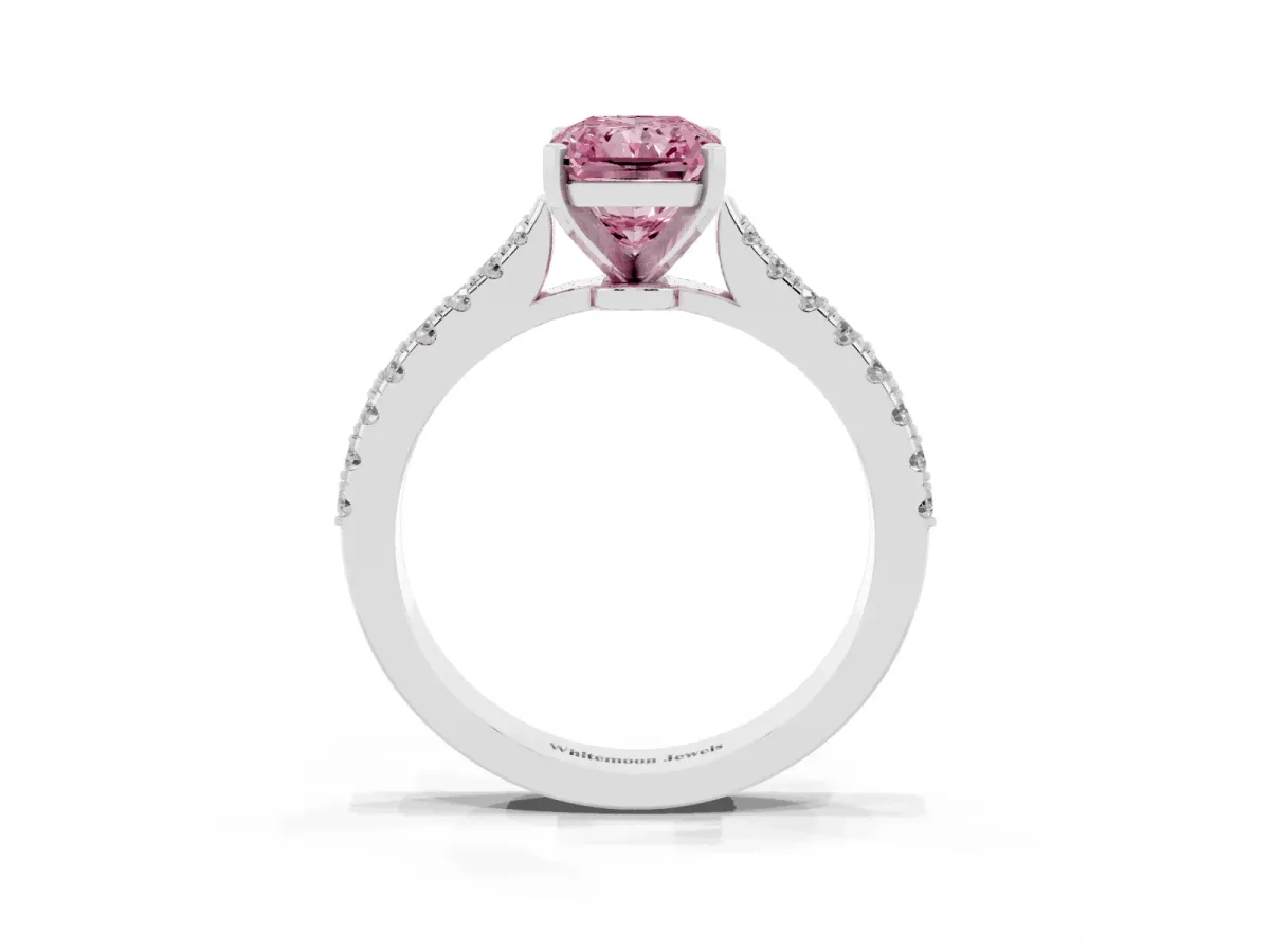 Fancy Pink Radiant Cut Cut Solitaire Diamond Engagement Ring with Pave Band and Four-Prong Setting Platinum