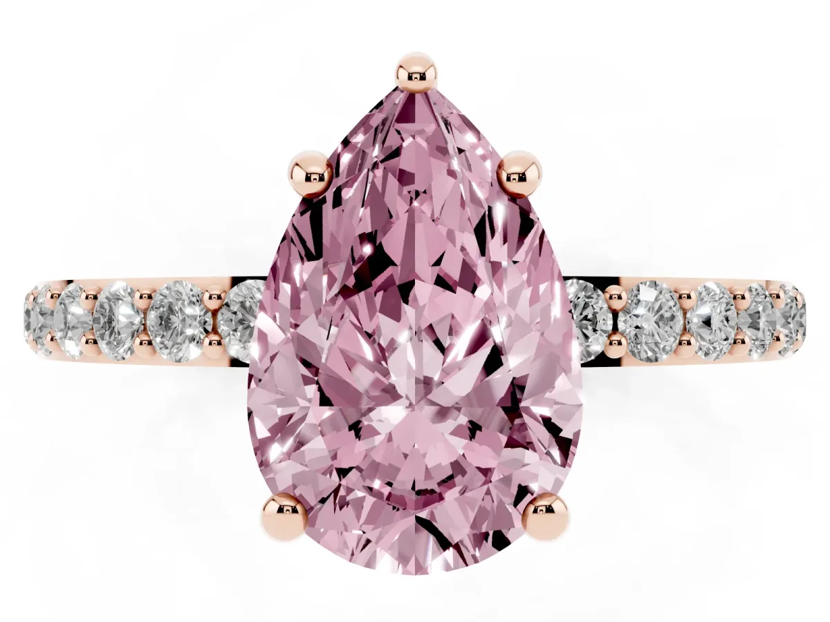 Fancy Pink Pear Cut Diamond Solitaire Ring with Round Pavé Band and Prong Setting Rose gold