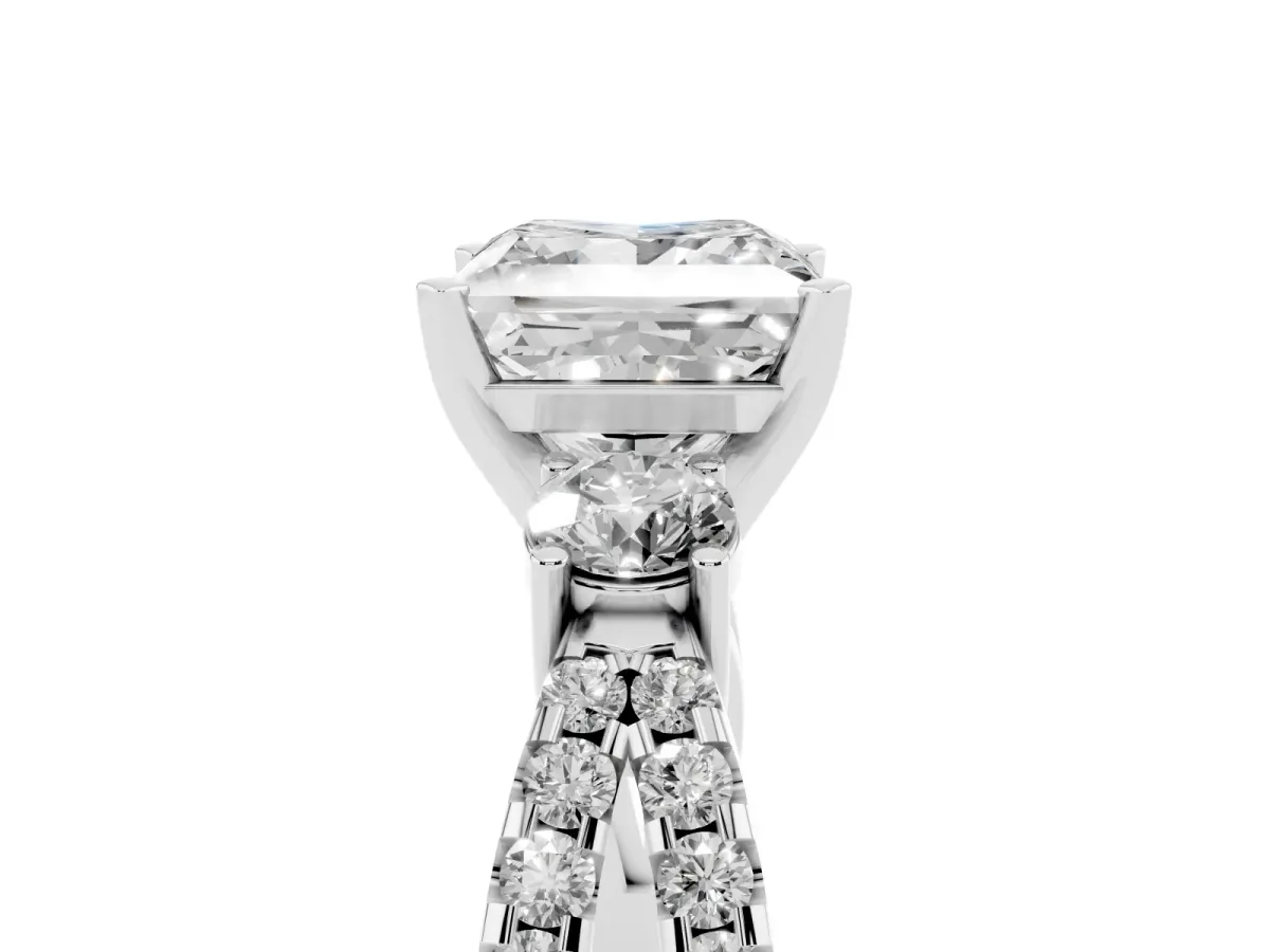 Princess Cut Diamond Three-Stone Ring with Pavé Split Shank and Four-Prong Setting Silver