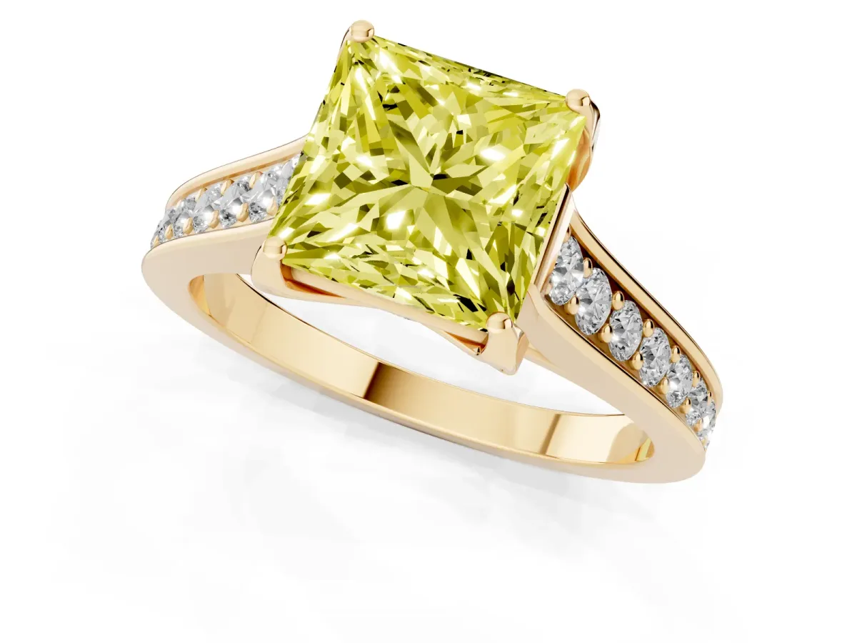 Fancy Yellow Princess Cut Brilliant Cut Diamond Engagement Ring with Pavé Band and Four-Prong Setting Yellow gold