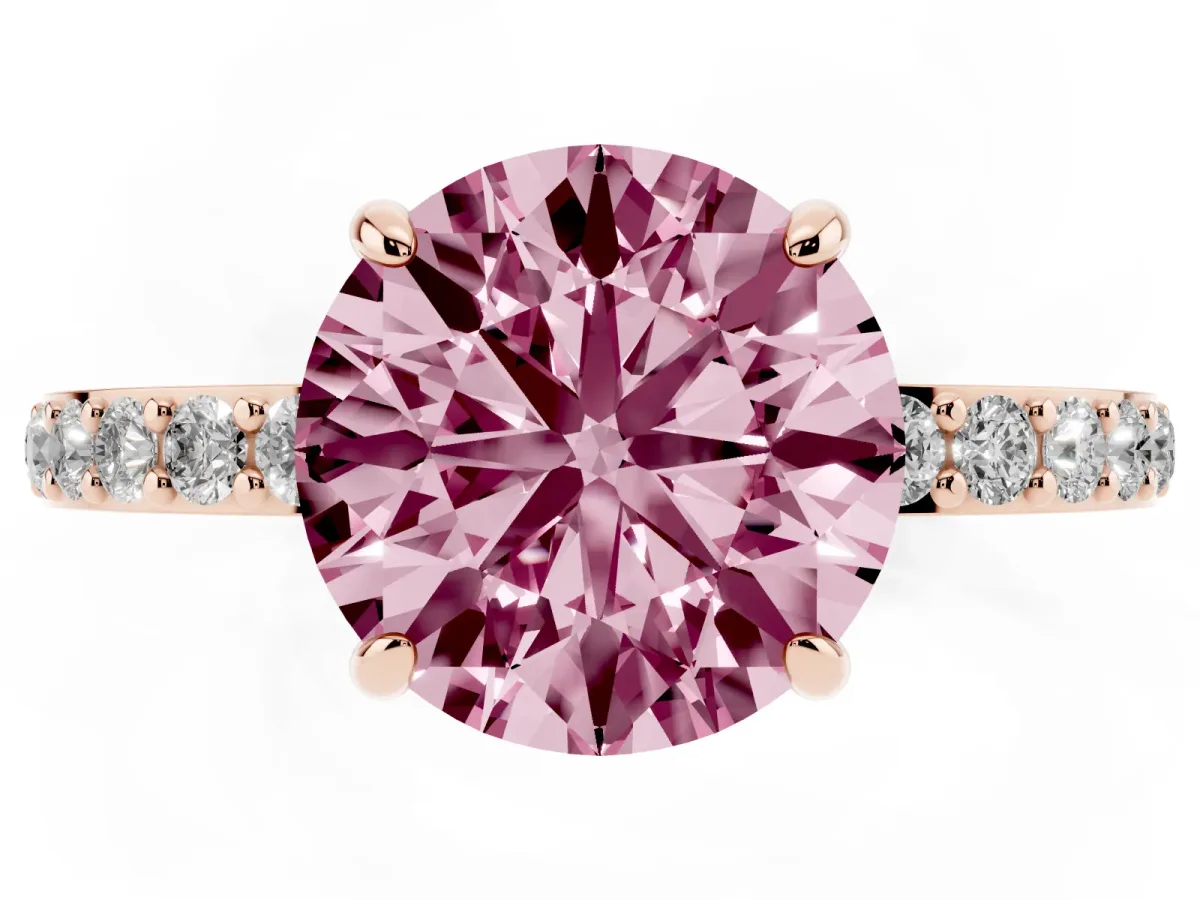 Fancy Pink Round Cut Diamond Pavé Engagement Ring with Round Accents and Prong Setting Rose gold